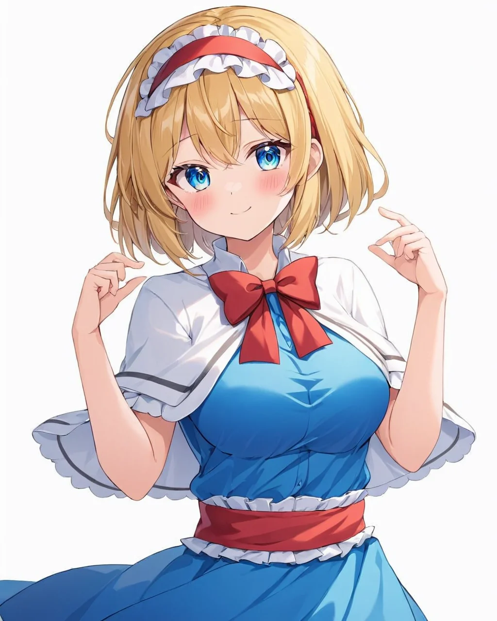 alice margatroid,1girl, solo, white_background, white_capelet, blue_dress, long_sleeves, smile, simple_background, red_hairband, lolita_hairband, facing_viewer, closed_mouth, breasts, blush, red_bowtie, sash, white_shirt, cowboy_shot, frilled_hairband, hand_up, ^_^
<lora:alice_margatroid_image3379_2023-12-11-000006:1>,star-shaped_pupils,symbol-shaped_pupils,. gorgeous,key visual, vibrant, studio anime,award-winning, professional, highly detailed,high budget, cinemascope