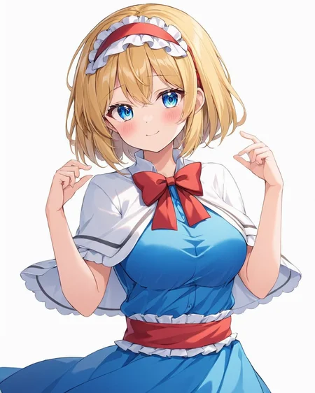 alice margatroid,1girl, solo, white_background, white_capelet, blue_dress, long_sleeves, smile, simple_background, red_hairband, lolita_hairband, facing_viewer, closed_mouth, breasts, blush, red_bowtie, sash, white_shirt, cowboy_shot, frilled_hairband, hand_up, ^_^
<lora:alice_margatroid_image3379_2023-12-11-000006:1>,star-shaped_pupils,symbol-shaped_pupils,. gorgeous,key visual, vibrant, studio anime,award-winning, professional, highly detailed,high budget, cinemascope