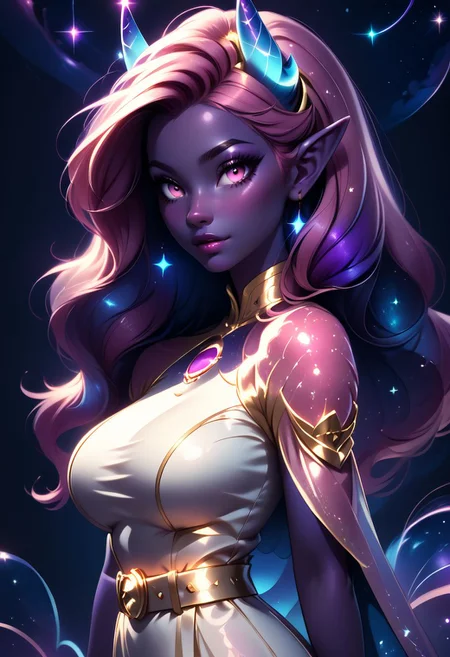 score_9, score_8_up, score_7_up, score_6_up, score_5_up, score_4_up score_9,score_8_up, digital art, upper body shot, realistic 3D illustration,
BREAK,
zzDaedream, long floating hair, big hair, purple skin, 1girl, blue horns, glowing pink hair, pink eyes, gradient hair, purple hair, starry hair, animal ears, long ears, space background, starry sky, glowing,
white dress, gold belt, gold bracelets,
BREAK,
soft lighting, contemplative expression, dark background, subtle makeup, high-resolution, detailed texture, emotional depth, dramatic mood, side profile, serene atmosphere, cinematic lighting. perfectly round breasts, big breasts, firm breasts, SkinHairDetail, eye contact, looking at viewer,