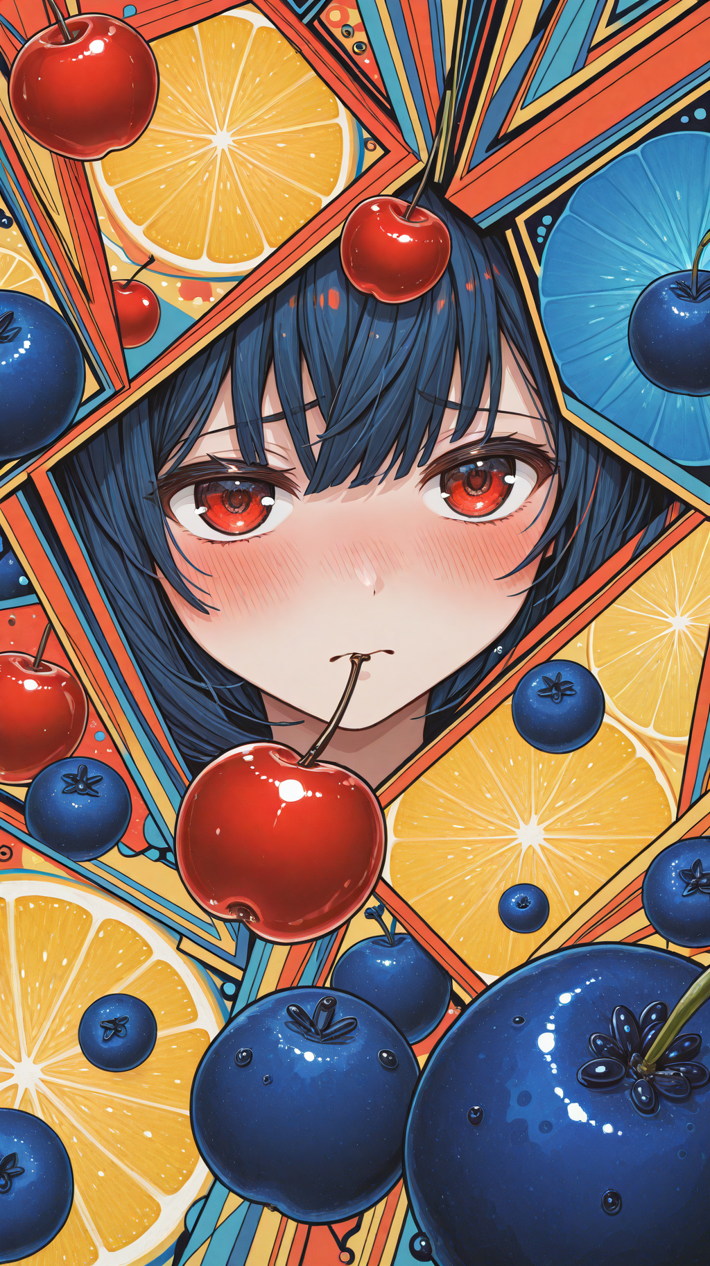 m4ch_illu, machigami_yoh_illu, cubism, abstract, yellow theme, blue theme, red theme, close-up, tsundere, blush, shy, lemons, blueberries, cherry, abstract background, incredibly absurdres, highres, masterpiece, newest