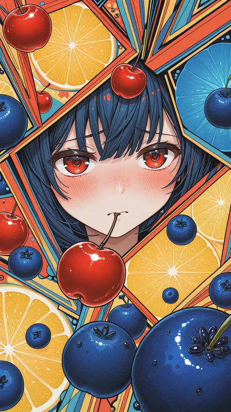 m4ch_illu, machigami_yoh_illu, cubism, abstract, yellow theme, blue theme, red theme, close-up, tsundere, blush, shy, lemons, blueberries, cherry, abstract background, incredibly absurdres, highres, masterpiece, newest