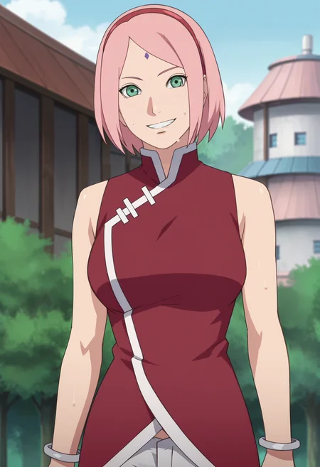score_9, score_8_up, score_7_up, source_anime,anime screencap,anime coloring,intricate details,masterpiece, best quality,
uncensored,
mature female,
sakura, pink hair, 1girl, short hair, facial mark, hairband, forehead mark, red hairband,short hair, large breasts,green eyes,
sweat,
japanese clothes, sleeveless,red shirt,bracelet,jewelry,pants,upper body,
smile, looking at viewer,
solo, teeth,
parody,
perfect anatomy,
scenery,outdoors, day,
<lora:Sakura NEW:0.9>,
<lora:anime-detailer-xl:2>,