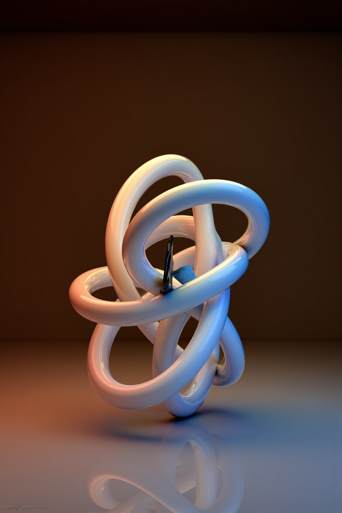 A 3D Rendered abstract of, sharp photo of a digital art piece that appears to be an abstract sculpture. It is made up of multiple curved lines that are arranged in a symmetrical pattern. The lines are white with blue and orange accents, creating a gradient effect. The curves are curved and intersect at the top and bottom of the image. The center of the sculpture is a thin black line that runs diagonally across the image, extending from the top left corner to the bottom right corner. The background is a dark brown color, and the floor is a light grey color. The overall mood of the piece is futuristic and abstract.