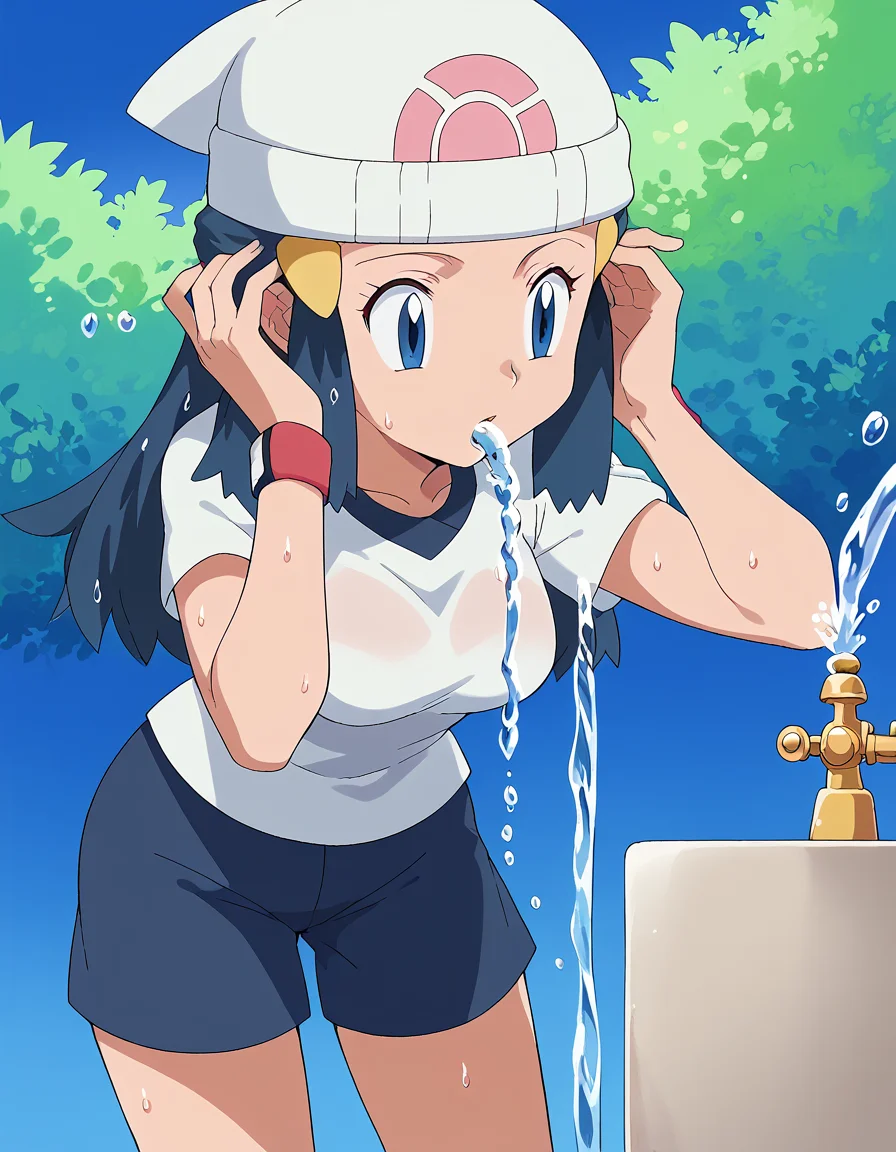 score_9, score_8_up, score_7_up, source_anime, <lora:pokemon-dawn-anime-ponyxl-lora-nochekaiser:1>, pokemon dawn, black hair, blue eyes, sidelocks, long hair, hat, beanie, white headwear, medium breasts, <lora:drinking-fountain-ponyxl-lora-nochekaiser:1>, drinking fountain, faucet, drinking, fountain, water, water drop,, gym uniform, gym shirt, gym shorts, bent, leaning forward, <lora:tucking-hair-ponyxl-lora-nochekaiser:1>, tucking hair, adjusting hair, hand on own hair, hair behind ear,, cowboy shot,, , dutch angle, cowboy shot
