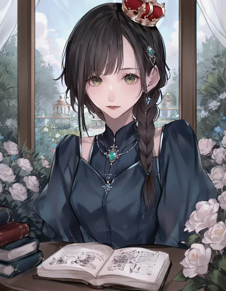 (score_9, score_8_up, score_7_up, score_6_up, (source_anime),
close-up, 1girl, seated, blue dress, green eyes, braid-crown hairstyle, black hair, asymmetrical bangs, hands on table, outdoors, garden, reading a book, hands behind back <lora:Erigoth:1>