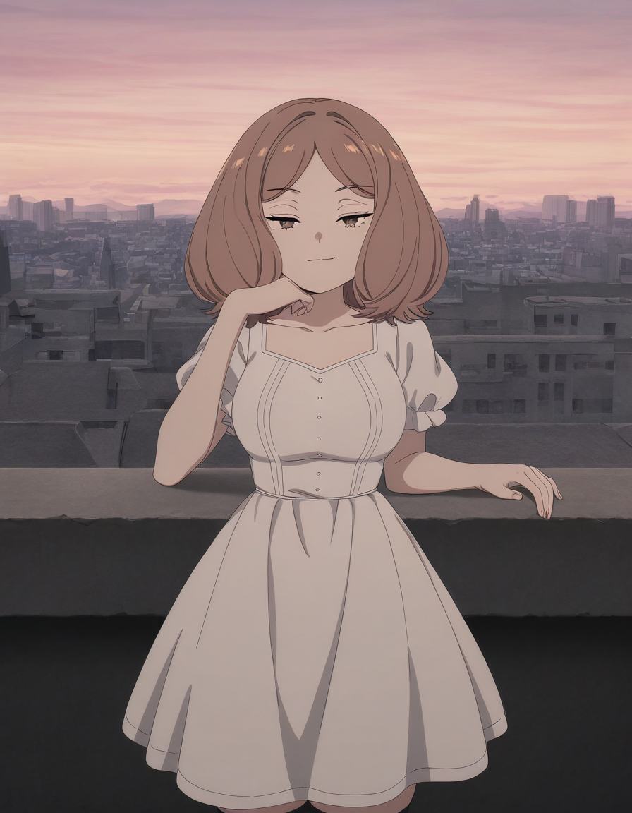 masterpiece, best quality, newest, absurdres, highres, safe,, <lora:mage-edel-s1-illustriousxl-lora-nochekaiser:1>, edel, brown hair, brown eyes, medium hair, medium breasts, anime screencap, thighhighs, dress, black thighhighs, white dress, short sleeves, puffy sleeves, puffy short sleeves, rooftop, view, height, buildings, sky, , head rest, smug, looking at viewer, solo,, cowboy shot, solo