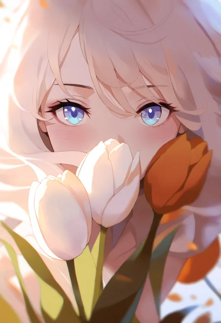 masterpiece, best quality, Good quality, very aesthetic, absurdres, newest,  1girl, solo, long_hair, looking_at_viewer, blush, blue_eyes, holding, hair_between_eyes, white_hair, flower, eyelashes, portrait,close-up, holding_flower, covered_mouth, red_flower, orange_flower, tulip <lora:ponyv4_noob1_2_adamW-000017:0.7> <lora:MeMaXL4:0.8> <lora:style_nyanmix_styleXLIllustrious001:0.7>