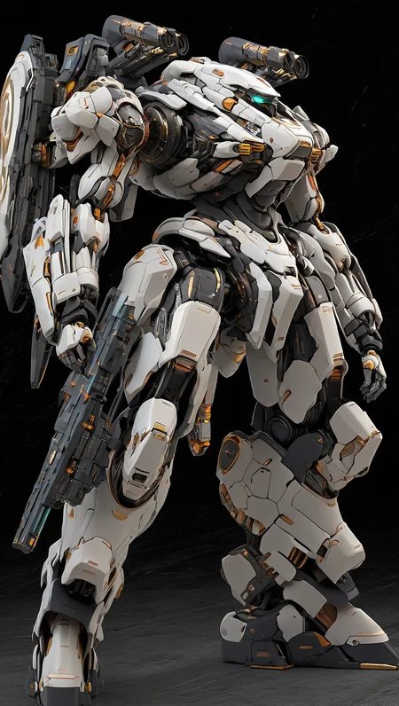 professional 3d model of (NJRS:1.6),(science fiction:1),mecha armor,(a heavy mech:1.0),(hawken:1.0),(very biggest size mecha:1.6),(long legs:1.1),glowing eyes,(full body:1.2),mechanical parts,robot joints,(holding huge weapon:1.5),(huge mechanical shield:1.2),best quality,masterpiece,highly detailed,ultra-detailed,(huge mechanical weapon:1.3),(detailed weapon:1.2),(huge mechanical gun:1.2),<lora:srdxl_v2_5a1:0.8>, octane render, highly detailed, volumetric, dramatic lighting