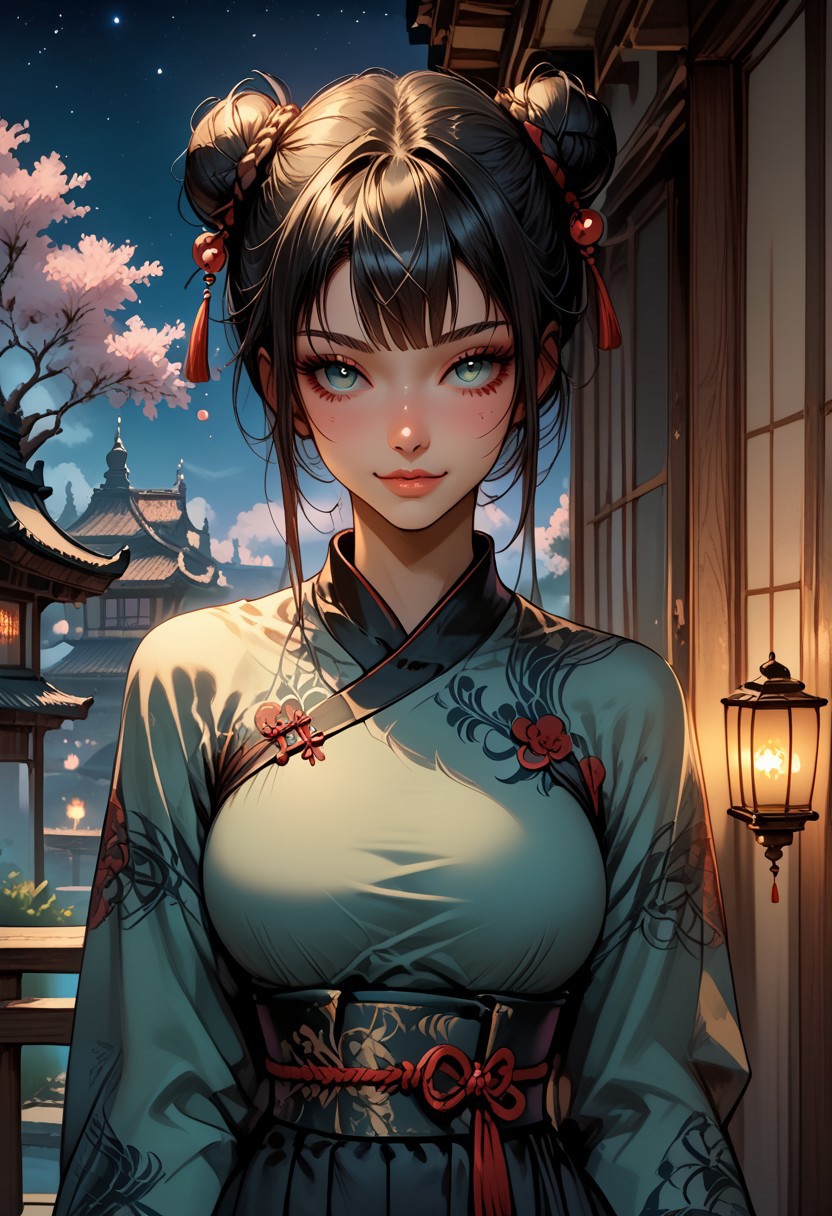 score_9, score_8_up, score_7_up, score_6_up, masterpiece, best quality, high res, pinup pose, source_ecchi, anime, ((ecchi)), ((nsfw)), high resolution , intricate detail, lush detail, really detailed face, Firm Anatomy, Body Tattoo,(Detailed Eyes), (Tight Waist), Detailed Eyes, Beautiful face, Beautiful and Aesthetic, Brilliant Colors, Character Enhance, ((detailed face)) <lora:Expressive_H-000001:0.8>, expressiveH, <lora:MythAnim3Style:0.8>, MythAn1m3, <lora:Pony_DetailV1.0:0.9> gthan, gothic
BREAK, (best quality), (ultra-detailed), (masterpiece), (perfect anatomy), erotic_style,shiny_skin, Scenery,  shiny, smile, curvy, closed mouth 
BREAK, (best quality), (ultra-detailed), (masterpiece), (perfect anatomy), (masterpiece), best quality, expressive eyes, perfect face, 1girl, breasts, blue_eyes, solo, cleavage, night, double_bun, hair_bun, looking_at_viewer, freckles, lantern, twin_braids, braid, large_breasts, bangs, blush, sky, outdoors, night_sky, east_asian_architecture, closed_mouth, wide_sleeves, smile, sash, collarbone, long_hair, long_sleeves, star_(sky), cherry_blossoms, architecture, black_hair, tree, chinese_clothes, hair_ornament, green_hair, starry_sky, shiny, shiny_skin
BREAK breasts focus, Scenery,  shiny, curvy
