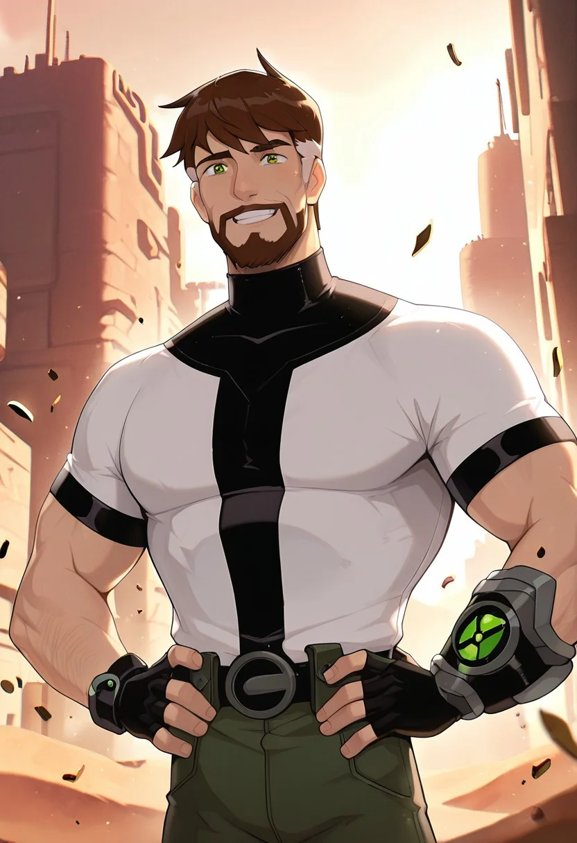 masterpiece, best quality, amazing quality, very aesthetic, absurdres, newest,,
  ben10k, brown hair, male focus, facial hair, beard, short hair, mustache, mature male, muscular, green eyes, white shirt, turtle neck,  full facial hair,, two-tone hair, black gauntlet on right arm, fingerless gloves, 
hands on hips, desert city, flying cards, smile, teeth,