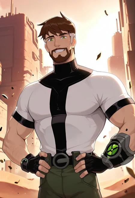 masterpiece, best quality, amazing quality, very aesthetic, absurdres, newest,,
  ben10k, brown hair, male focus, facial hair, beard, short hair, mustache, mature male, muscular, green eyes, white shirt, turtle neck,  full facial hair,, two-tone hair, black gauntlet on right arm, fingerless gloves, 
hands on hips, desert city, flying cards, smile, teeth,