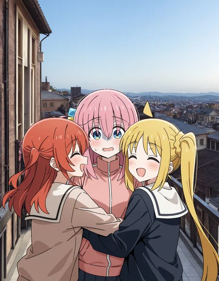 masterpiece, best quality, safe,
3girls, gotoh hitori, ijichi nijika, kita ikuyo,
very awa, trio, hugging each other, bocchi looking shocked, town, outdoors, ^_^, facing away, long hair, sailor collar, hair between eyes, building, closed eyes, side ahoge, long sleeves, jacket, blush, red hair, open mouth, yuri, blonde hair, smile, bow, sky, white sailor collar, track jacket, from behind, looking at viewer, city, hug, day, pink jacket, sidelocks, red eyes, one side up, photo background, pink hair