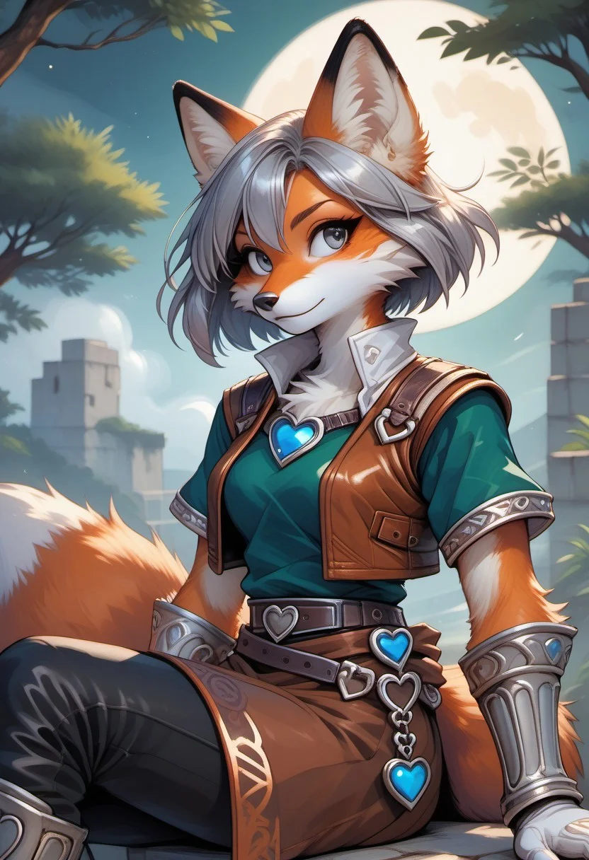 score_9, score_8_up, score_7_up, natgra2, gray eyes, short hair, silver hair, steel greaves, plated footwear, brown skirt, black pants, green shirt, brown leather vest, silver belts, white gloves, silver chest plate, anthro, female furry, fox, fox tail, fox ears, body fur, fluffy, paws, moon, trees, sitting, heart-shaped pendant,