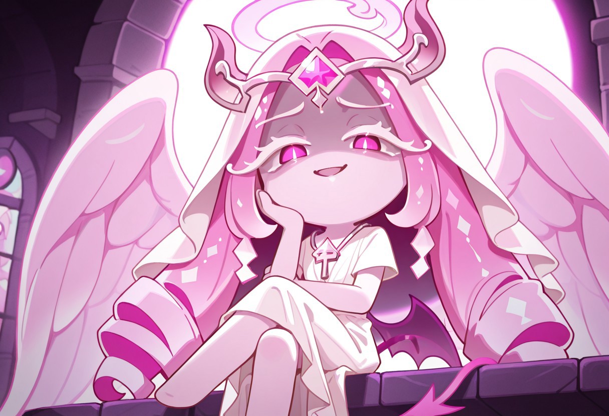 masterpiece, best quality, amazing quality, very aesthetic, high resolution, ultra-detailed, absurdres, newest, 1girl, solo, cookie run, chibi, angel, pink hair, long hair, jewelry, veil, white robe, halo, glowing halo, wings, angel wings, demon wings, pink eyes, fiery eyes, pink skin, white skin, white dress, demon horns, demon wings, demon tail, sitting, legs crossed, floating, in the air, looking at viewer, hand on elbow, hand on cheeks, smile, smug, open mouth, intimidating, yandere, heaven, garden, cowboy shot, upper body, closeup, from below,