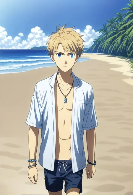 high resolution, solo, best quality, 1Boy, Yamato Ishida, Blond Hair, Blue Eyes, Necklace, beach, calm, clear sky, walking, candid, open shirt, shorts, sixpack, necklace, bracelet, OverallDetail