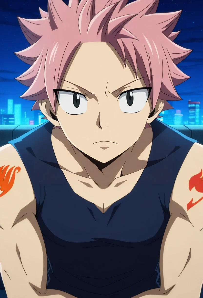 masterpiece, best quality, , anime screencap, , official style, looking at viewer, 1boy, solo, male focus, <lora:natsu_dragneel_ilxl:0.96>, natsu_dragneel, pink hair, black eyes, spiked hair, , cyberpunk plaza, holo-ads, neon paths, data streams, resting pose, observant expression, night,