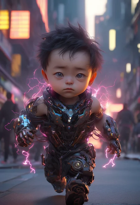 cyberpunk robot child, cyborg style, human head, smug expression, mischievous expression, running through street, \nable to move with lightning-fast speed and agility, weaving through crowds, highly detailed eyes, highly detailed eyes dimly glowing in the fading light, cyberpunk, scifi street at sunset, \n\nstrict rule of thirds, hyper detailed, ultra realistic, sharp focus, octane render, trending on artstation, 8 k
