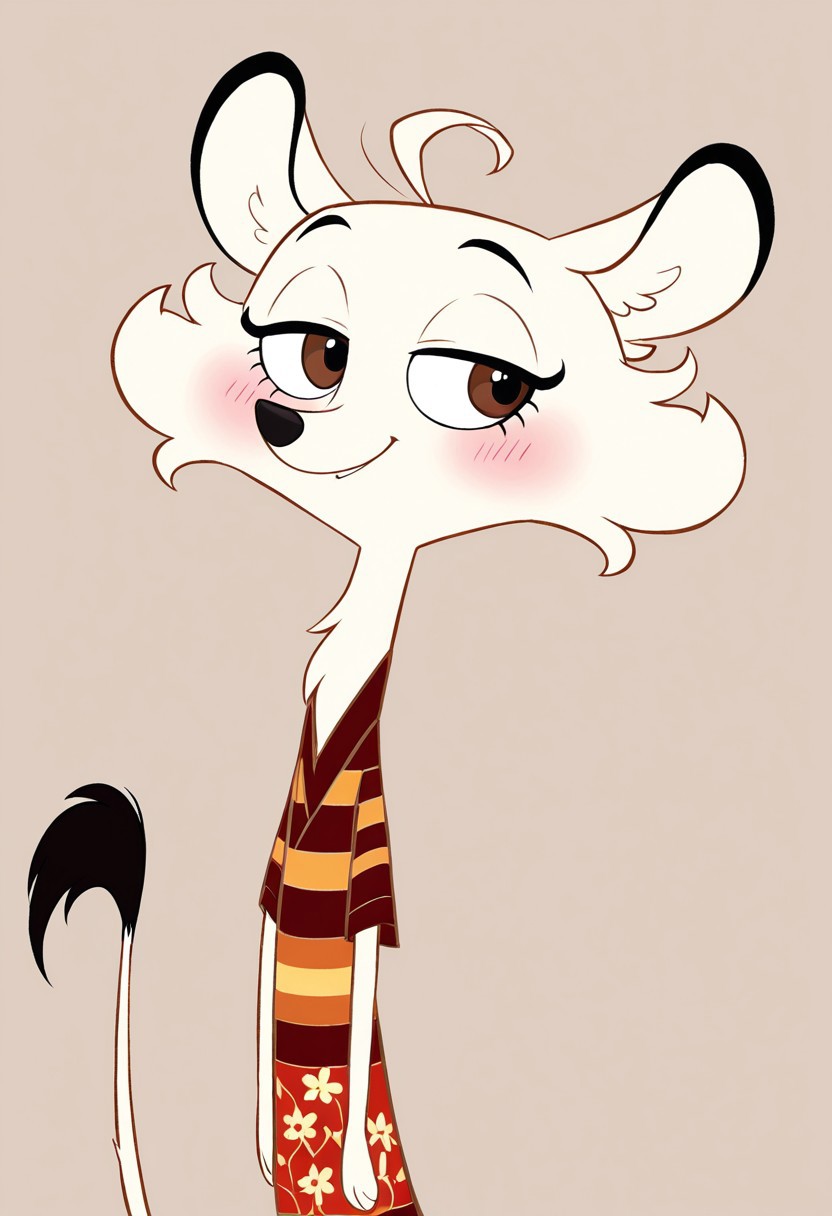 (score_9, score_8, score_7),masterwork, masterpiece, best quality, Hermione01, cream-colored fur, fluffy ears, black ear tips, big round eyes, brown eyes, long curled eyelashes, pink blush, small black nose, short muzzle, curled hair tuft, red and yellow flower-patterned dress, striped kimono top, long thin tail with dark tip, slim body, smile, blushing, half closed eyes