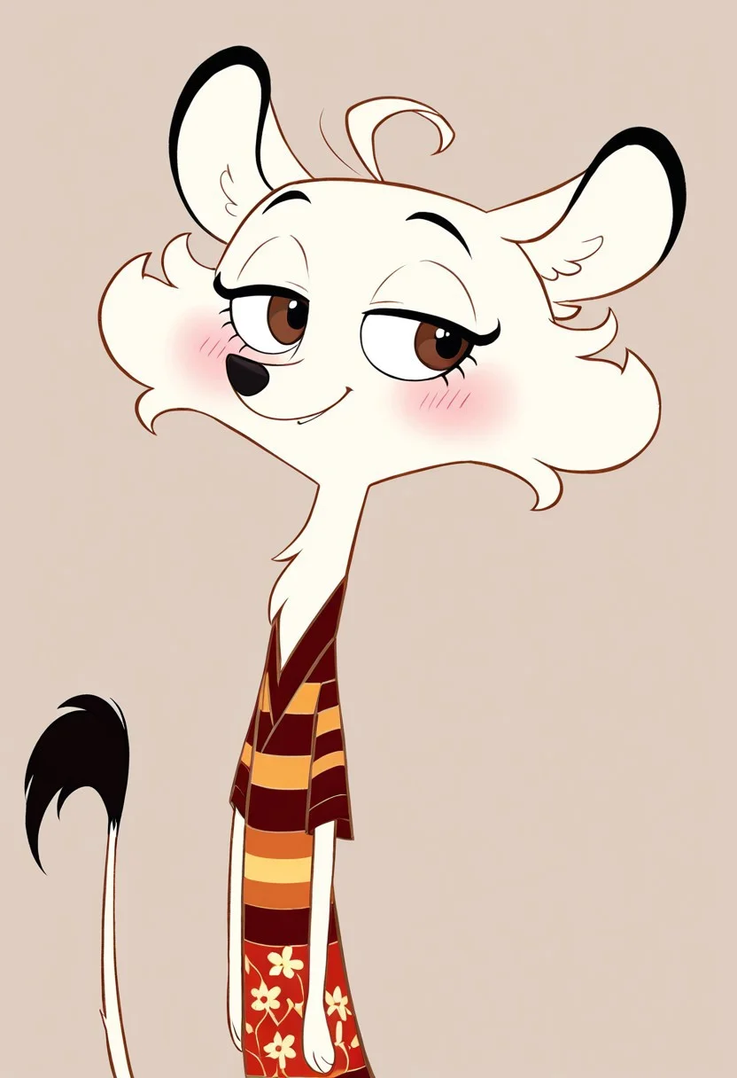 (score_9, score_8, score_7),masterwork, masterpiece, best quality, Hermione01, cream-colored fur, fluffy ears, black ear tips, big round eyes, brown eyes, long curled eyelashes, pink blush, small black nose, short muzzle, curled hair tuft, red and yellow flower-patterned dress, striped kimono top, long thin tail with dark tip, slim body, smile, blushing, half closed eyes