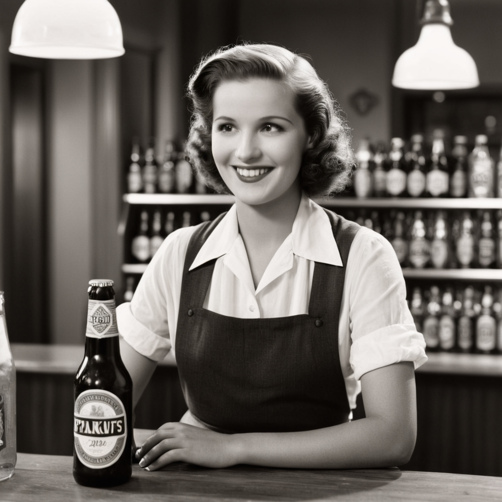 cinematic film still of  <lora:1930's style:1>
In the 1930's a woman is standing behind a counter with a bottle of beer,solo,looking at viewer,smile,shirt,1boy,holding,sitting,monochrome,greyscale,male focus,food,collared shirt,indoors,grin,cup,microphone,realistic,can,newspaper,realistic,realism,perfection,perfect,filmic,retro,vintage,classic,different haircut,different look,different style,1930's style , 1930 style, shallow depth of field, vignette, highly detailed, high budget, bokeh, cinemascope, moody, epic, gorgeous, film grain, grainy