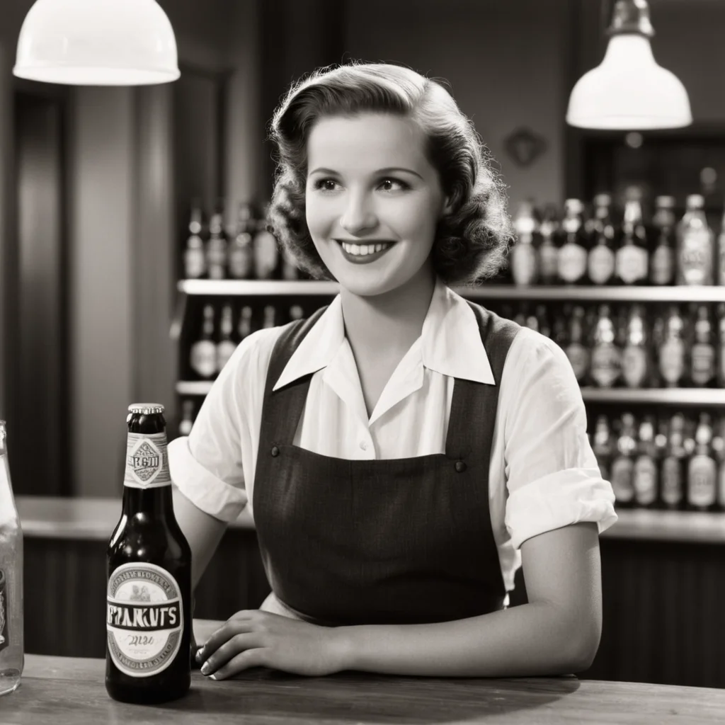 cinematic film still of <lora:1930's style:1>
In the 1930's a woman is standing behind a counter with a bottle of beer,solo,looking at viewer,smile,shirt,1boy,holding,sitting,monochrome,greyscale,male focus,food,collared shirt,indoors,grin,cup,microphone,realistic,can,newspaper,realistic,realism,perfection,perfect,filmic,retro,vintage,classic,different haircut,different look,different style,1930's style , 1930 style, shallow depth of field, vignette, highly detailed, high budget, bokeh, cinemascope, moody, epic, gorgeous, film grain, grainy