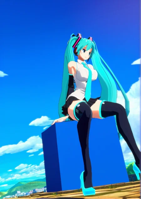 1girl, hatsune miku, huge breast, anniversary, aqua eyes, aqua hair, aqua necktie, black skirt, black thighhighs, blue sky, character name, cloud, day, detached sleeves, long hair, looking away, necktie, pleated skirt, sitting, skirt, sky, solo, thighhighs, twintails, very long hair, zettai ryouiki, 3d, zPDXL3<lora:DNF_Duel:1>