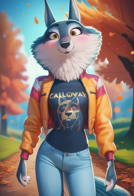 zPDXL, score_9,score_8_up,score_7_up,_up,source_cartoon, best quality, amazing quality, masterpiece, 1girl, looking at viewer, solo, fullbody, cute, blush, porsha, <lora:Porsha:0.8>, animal ears, yellow eyes, white fur, wolf girl, wolf ears, wolf tail, jeans, black shirt, lather jacket, orange sky, forest, autumn, contour_deepening,depth of field, huge filesize,wallpaper,background,(flat color),medium breasts, blurry background, pixelsketcher, <lora:pixelsketcher:1>