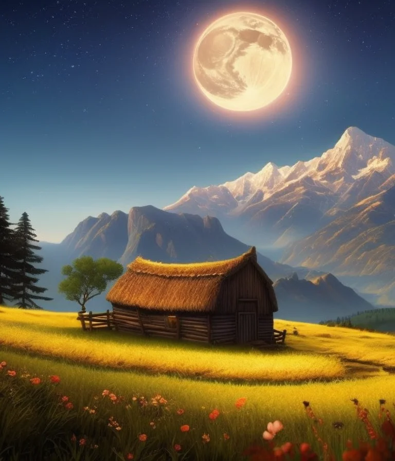Fog covered grassy fields with large mountains in the distance, small cottage in the foreground, nighttime, moon in the night sky, landscape wallpaper, d&d art, fantasy, painted, 4k, high detail, sharp focus
