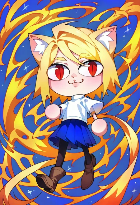 score_9, score_7_up, source_anime, masterpiece, best quality, detailed, perfect, perfection, aesthetic, absurd, detailed, MiraeSomang,
illustration showing necoarc,
1girl, blonde hair, red eyes, slit pupils, cat ears, :3, chibi,
turtleneck, white shirt, blue skirt, pleated skirt, pantyhose, brown footwear,
dynamic pose, abstract background