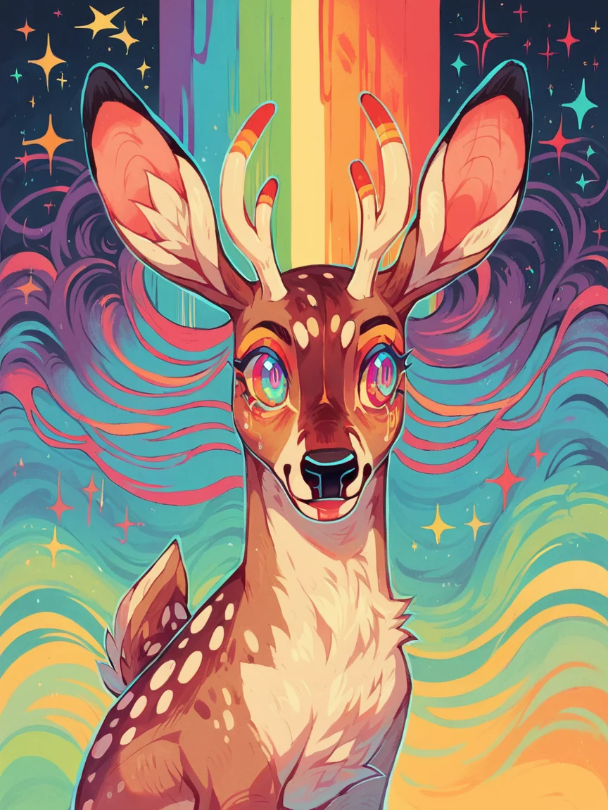 score_9, score_8_up, score_7_up, score_6_up, <lora:br1ghtXLP:1> br1ght, deer, trippy, rainbow