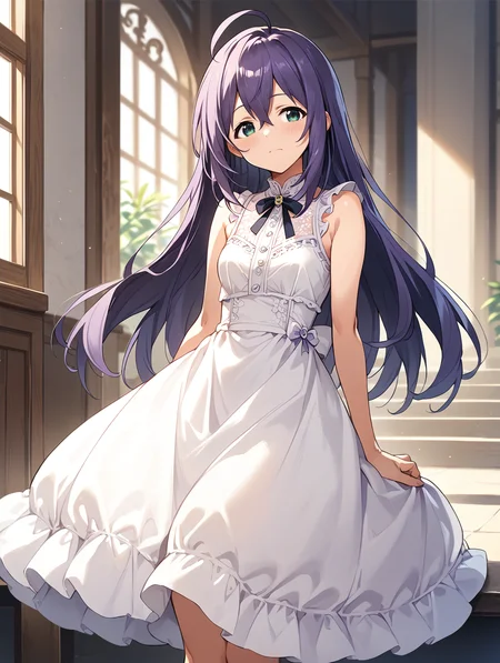 score_9,score_8_up,score_7_up,
official art,official style,game cg,megami magazine,
uncensored,
1girl,solo,
mochizuki anna,purple hair,green eyes,ahoge,long hair,
dress,white dress,sleeveless dress,
<lora:idolmaster_mochizuki_anna_pony_v1.1-000006:1>,