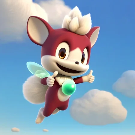 Chip, maroon fur, white fur, solo, 2 toned fur, green gem, tiny, 1 boy, male, cute, black nose, brown eyes, wings, floating, smiling, looking at viewer, blue sky, clouds, thumbs up, open mouth, cute, full body, fluffy tail, white hair, fluffy hair