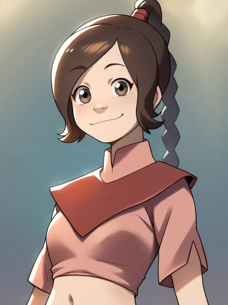 score_9, score_8_up, score_7_up, score_6_up, score_5_up, score_4_up, BREAK, source_cartoon, source_anime, 1girl, tylee, brown hair, braid, midriff, navel, upper body, smile, looking at viewer, solo, simple background <lora:TyleeXL:1>