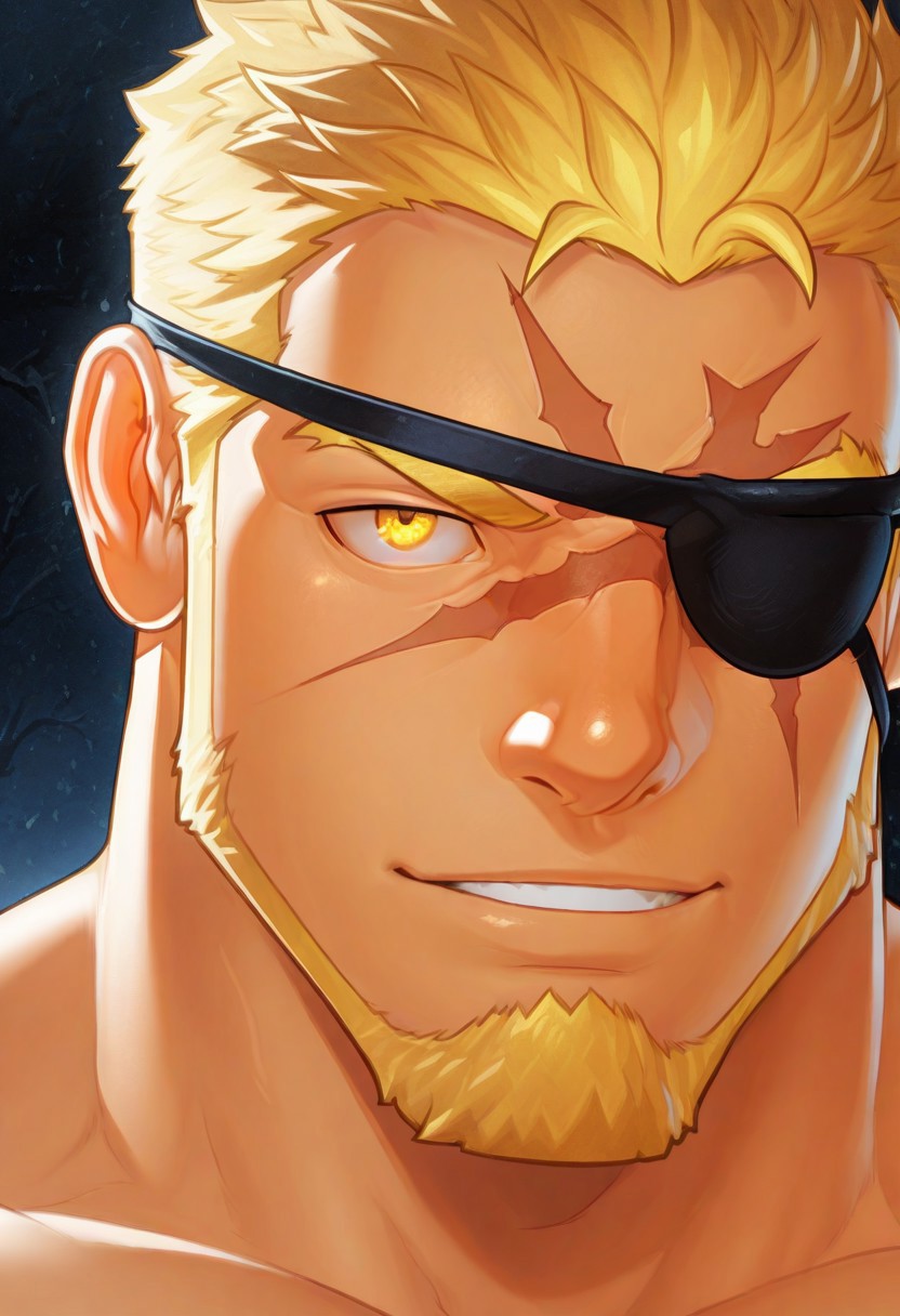 markusgyee, male, eyepatch, yellow eyes, blond hair, short hair, face scar, looking at viewer, bara, muscular, close up, masterpiece, best quality, newest, absurdres, highres, perfect eyes, amazing quality, very awa, very aesthetic, intricate details