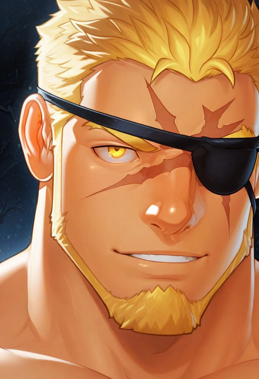 markusgyee, male, eyepatch, yellow eyes, blond hair, short hair, face scar, looking at viewer, bara, muscular, close up, masterpiece, best quality, newest, absurdres, highres, perfect eyes, amazing quality, very awa, very aesthetic, intricate details