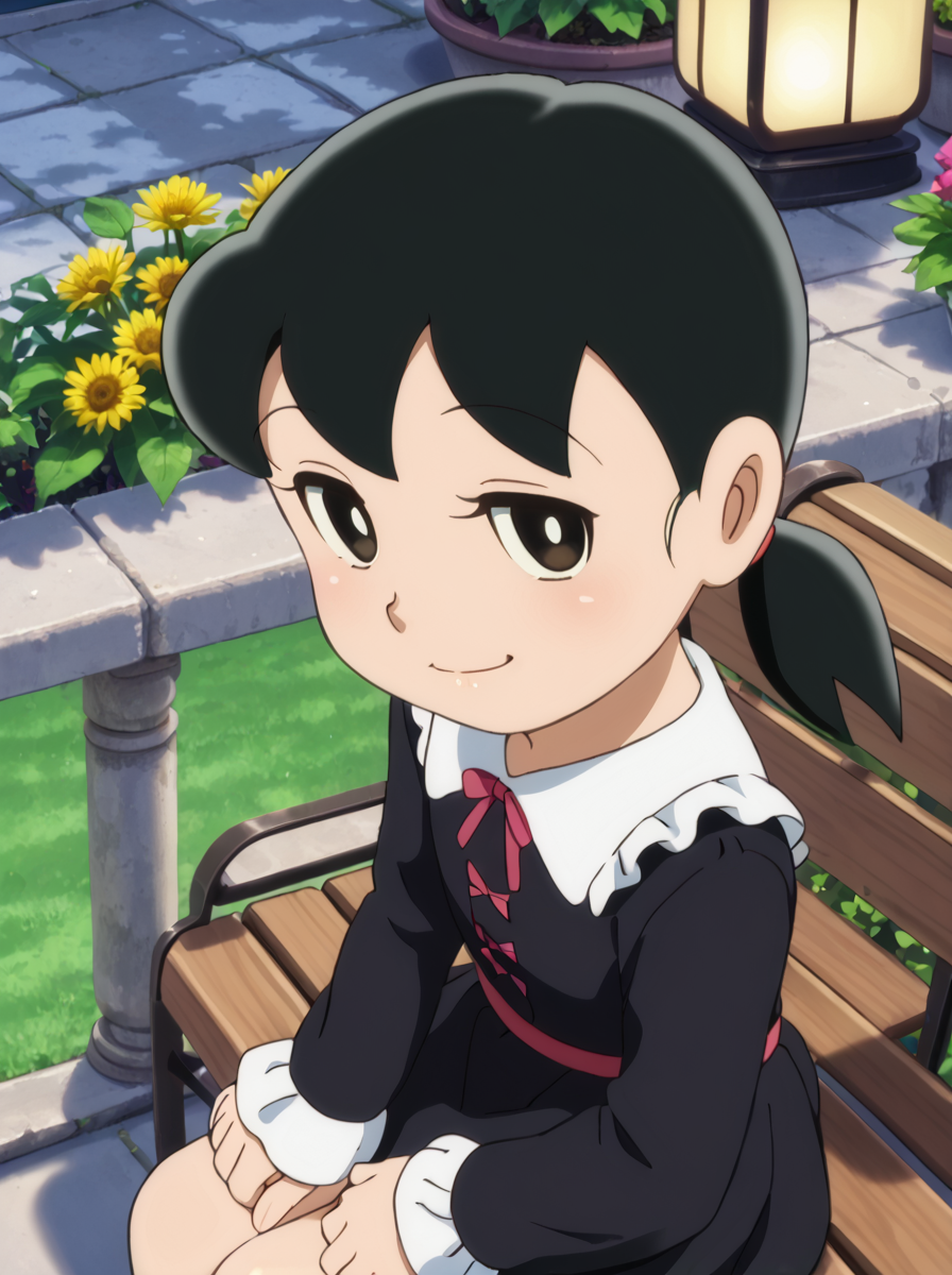 detailed background, shiny skin, posing, rating safe, 
<lora:shizuka.pony:1.0>,
shizuka, 
gothic fashion, dress, long sleeves, lace, frill, blouse, fishnet, 
smug, 
garden, bench, sit, from side, high angle, looking at viewer, lantern,