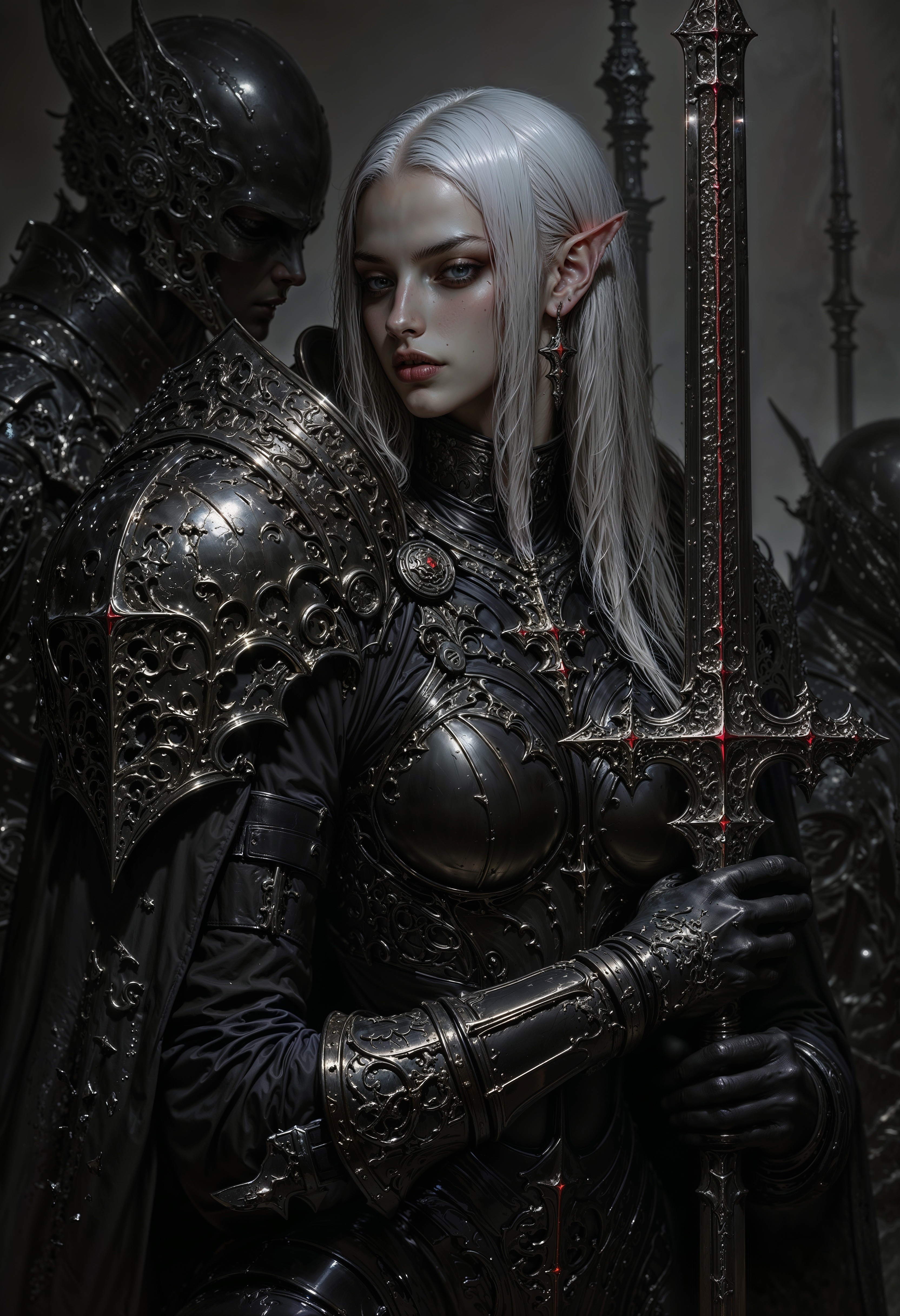 A half-body portrait of a female elf warrior in dark fantasy style, holding a sword with both hands. She has long silver hair, glowing eyes, and pointed ears. Her expression is intense and mysterious. She wears dark, ornate armor with intricate details, and the background is moody and misty, with gothic and magical elements. Cinematic lighting, highly detailed, realistic style, 4k quality. In black and white.