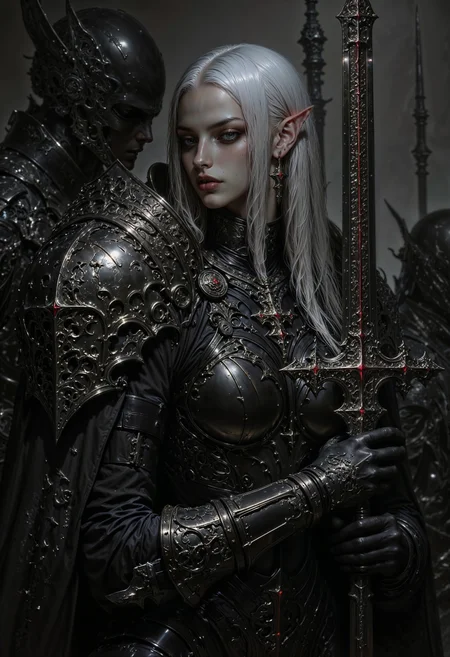 A half-body portrait of a female elf warrior in dark fantasy style, holding a sword with both hands. She has long silver hair, glowing eyes, and pointed ears. Her expression is intense and mysterious. She wears dark, ornate armor with intricate details, and the background is moody and misty, with gothic and magical elements. Cinematic lighting, highly detailed, realistic style, 4k quality. In black and white.