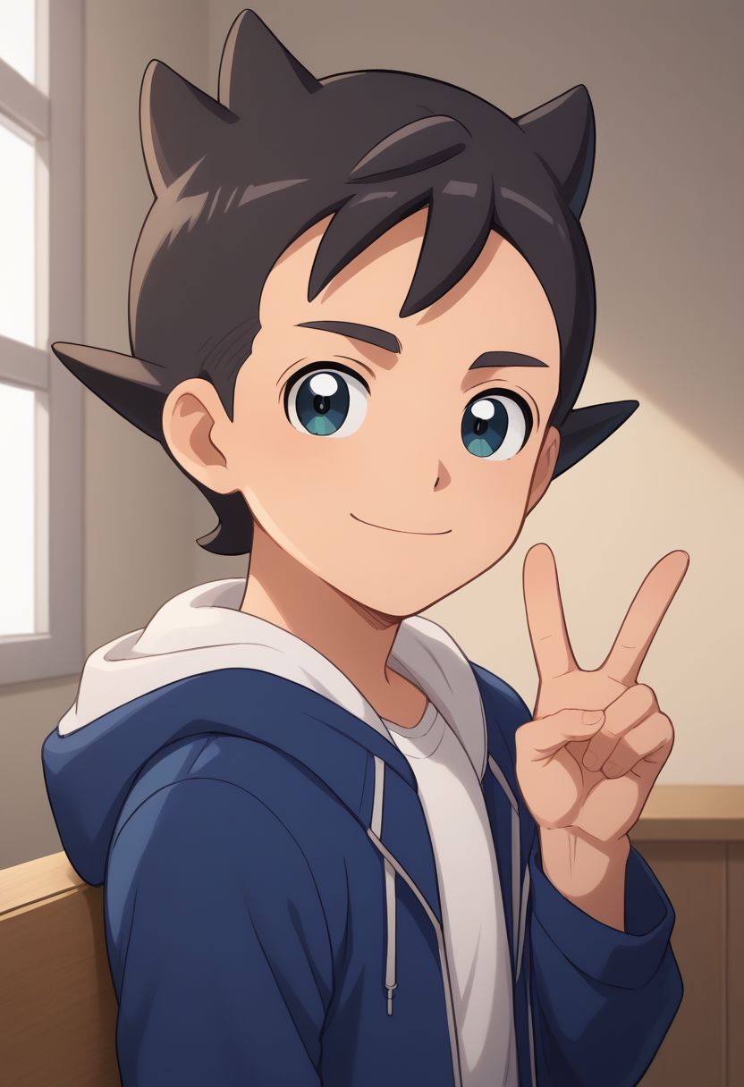 score_9, score_8_up, source_anime, highly detailed, 1boy, solo, male_focus
asuto, 1boy, male focus, solo, blue jacket, shirt, white shirt, closed mouth, black hair,
hoodie, open hoodie, indoors, bangs, looking at viewer, short hair, eyelashes, smile, v sign, sit,
indoor,