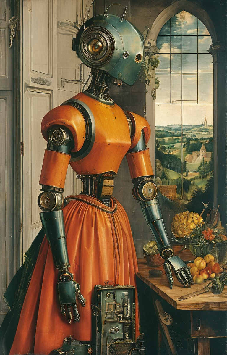masterpiece,best quality,<lora:tbh183-sdxl:0.8>,illustration,style of Albrecht Durer, portrait of Housework robots