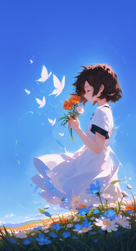 masterpiece, best quality, good quality, newest, highres, absurdres, 1girl, solo, short hair, brown hair, black hair, dress, holding, closed mouth, standing, closed eyes, flower, short sleeves, outdoors, sky, day, white dress, from side, blue sky, profile, white flower, grass, bug, wind, butterfly, blue flower, holding flower, field, flower field, orange flower, daisy, white butterfly, meadow,
Wide Shot, Atmospheric Perspective, no lineart,no outline, <lora:illustriousXL_stabilizer_v1.23:0.3> <lora:NOOB_vp1_detailer_by_volnovik_v1:0.3> <lora:ponyv6_noobE11_2_adamW-000017:0.3> <lora:XXX667:0.7> <lora:MelancholyAnime:0.4> <lora:NoctFlatStyleILV0.6-Contrast:0.5> <lora:solaXL_NBVP1_lokr_V6311P:1.1>