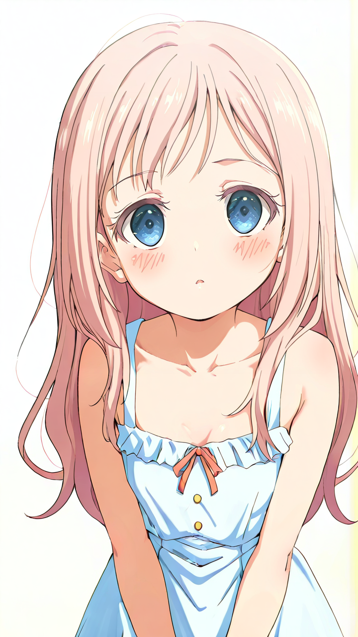 white_background,simple background,1girl,solo,looking_at_viewer,blush,anime screenshot,sincos,Champe,looking_up,<lora:Champe_Illustrious_v10:1>,collarbonea,hair down,imminent_kiss,shy,front view,from_above,sundress,, masterpiece, best quality