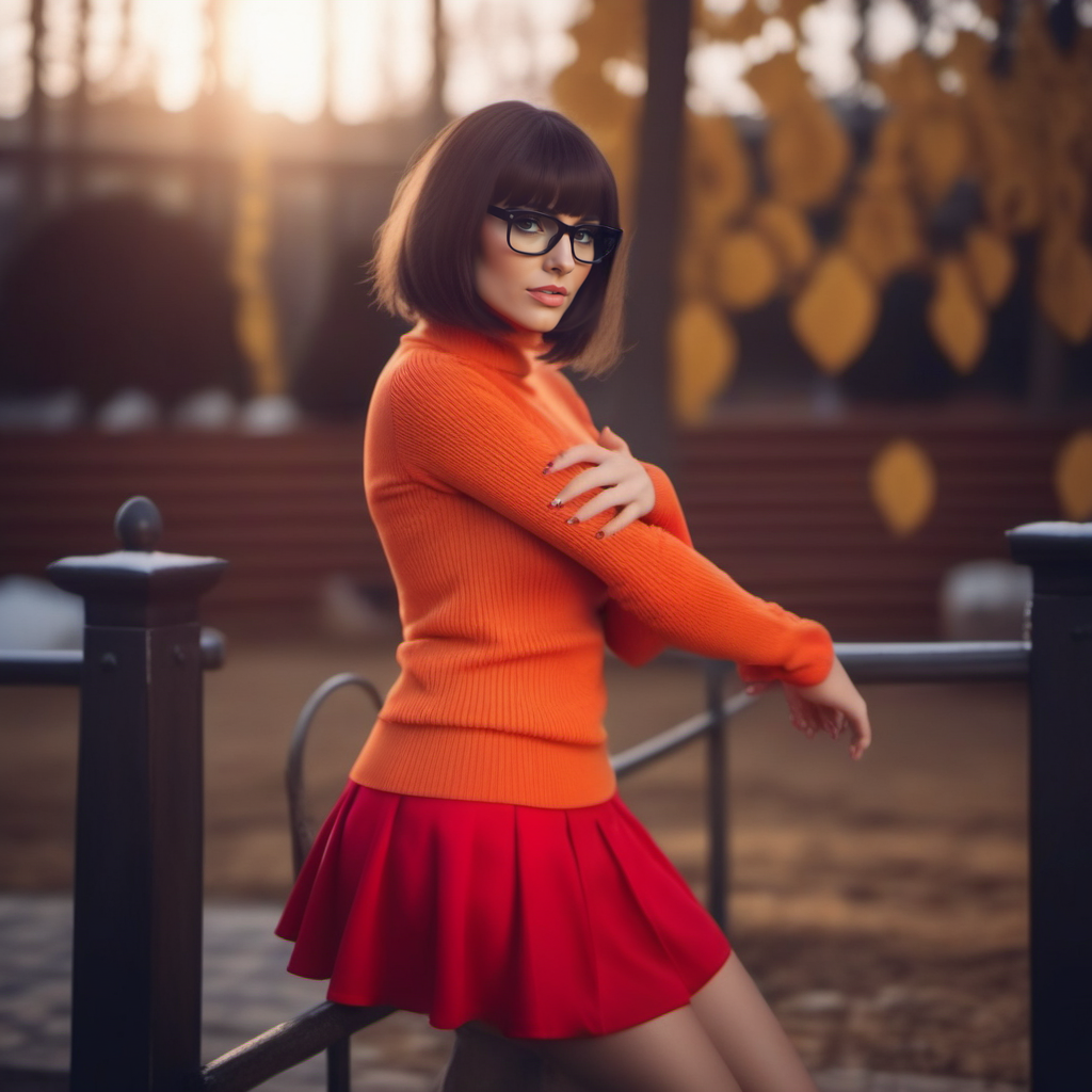 cinematic photo a realistic square cut brunette woman with black frame glasses dressed in a orange turtleneck sweat and a red miniskirt, mystery, . 35mm photograph, film, bokeh, professional, 4k, highly detailed  <lora:Velma1024:0.8>