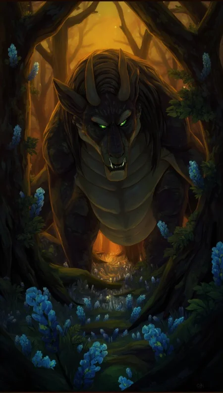 <lora:ck-LttleGhost-000011.safetensors:1> in the style of ck-lttlegh0stImmerse yourself in a dark fantasy world where a menacing, black serpentine creature with a twisted grin dominates the foreground, surrounded by glowing blue and green flowers against a warm, mystical glow-lit backdrop, evoking a sense of foreboding and dread.