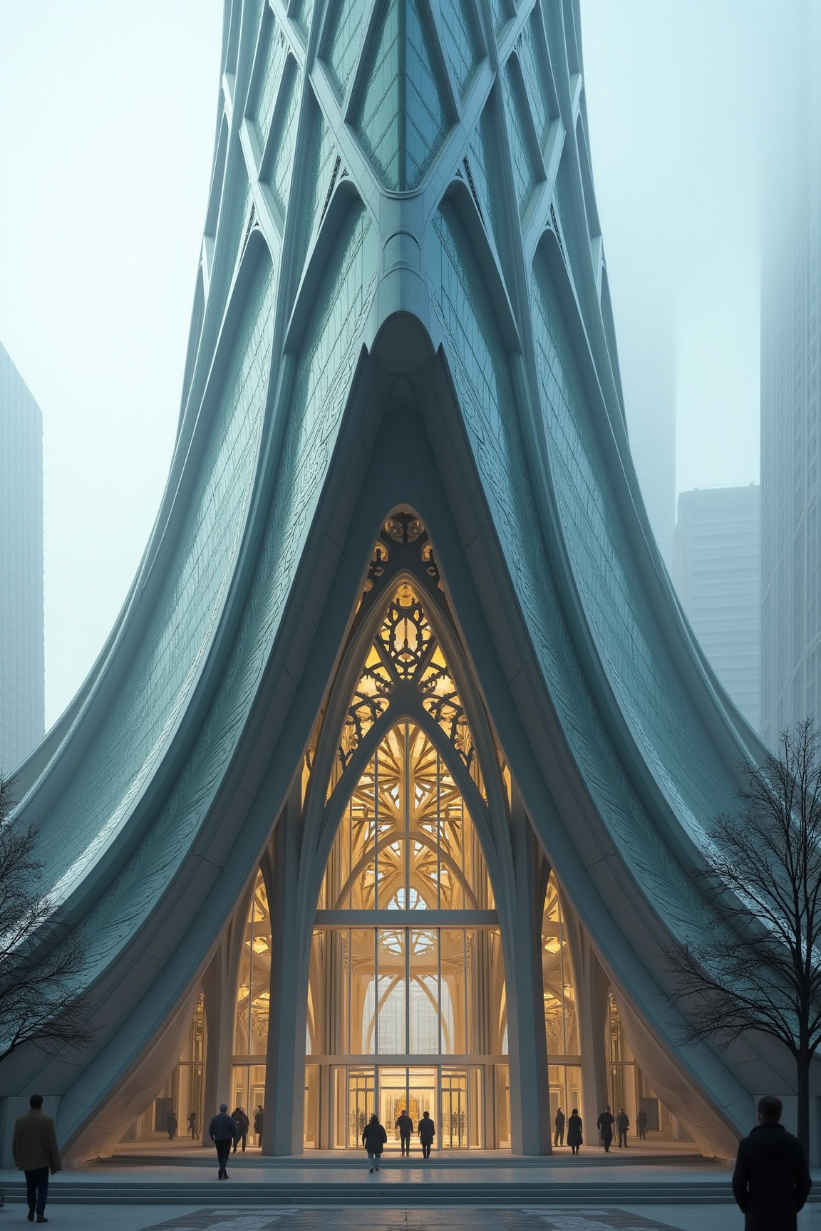 YFG-Sm0rg, A majestic steel and glass skyscraper inspired by Santiago Calatrava's unique blend of Gothic and Deconstructivist styles, reminiscent of his iconic Chicago Spire project, is situated in a misty dawn-lit urban landscape.
The structure's exterior features intricate latticework of interlocking arches that evoke the grandeur of ancient cathedrals, while its crystalline spires seem to defy gravity as they pierce the sky. The glass and steel façade shimmers with a soft blue-green hue, subtly reflecting the early morning mist that clings to the city's skyscrapers.
The viewing angle is from ground level, directly in front of the main entrance, capturing the full grandeur of the building's sweeping curves and soaring lines. The surrounding cityscape is shrouded in a mystical veil of fog, with only a few towering skyscrapers visible in the distance, their peaks lost in the clouds.
The architectural details are hyper-realistic: intricate filigree patterns adorn the steel supports, while delicate etchings on the glass panels depict abstract floral motifs. The building's massive entrance is flanked by two imposing stone columns, their weathered surfaces worn smooth by time and wind. 
In the foreground, a few pedestrians hurry to work, clad in coats that blend into the grey-blue mist, adding a sense of anonymity to the scene.
The image should be rendered with an emphasis on capturing the fleeting moment when morning light still holds a soft, dreamy quality, infusing the steel and glass behemoth with a mystical aura.