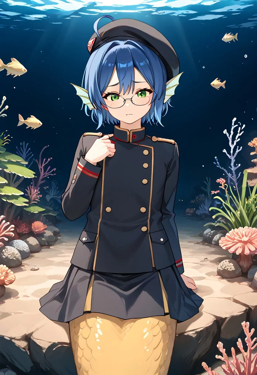 score_9, score_8_up, score_7_up, score_6_up, high resolution, gorgeous, absurdres, best quality, score_anime, anime screencap, expressiveh, shiki 1_style, 1boy, Jacques Marsielle, Blue hair, green eyes, glasses, short hair, ahoge, merman, mermaid tail, head fins, yellow tail, monster boy, military uniform, beret, skirt, scales, underwater, coral reef, embarrased, solo