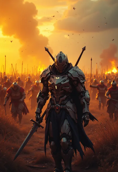 cyborg, exosuit, mech, futuristic, (off-center composition, left aligned, Portrait), In the heart of a gothic, medieval battlefield, where swords clash and shields break, a lone, battle-worn cyborg emerges. His bulky, futuristic power armor gleams with otherworldly energy, a fusion of laser and steel that defies the essence of the age. As arrows rain down and war cries echo through the mist, his silhouette stands in cinematic, high-contrast glory—a symbol of time colliding. The battlefield, drenched in dramatic lighting and moody, grainy film textures, feels like a clash of worlds, with the line between ancient steel and futuristic firepower blurring into an abstract, emotional expression of conflict. This is no mere battle; it is an epic collision of eras. The vibrant, dynamic compositions of the battlefield capture the essence of futuristic technology meeting medieval warfare. The cyborg warrior moves through the chaos with introspective elegance, his every step radiating opulence and luxury, yet his power armor shows the wear and tear of countless battles. The shot feels like an experimental painting, with emotive brushwork and earthy tones, offering a raw, gritty beauty to the contrast of his sleek, high-tech armor against the roughness of the rural, gothic landscape. Time, style, and legend merge in a visual masterpiece of bold colors and cinematic splendor.