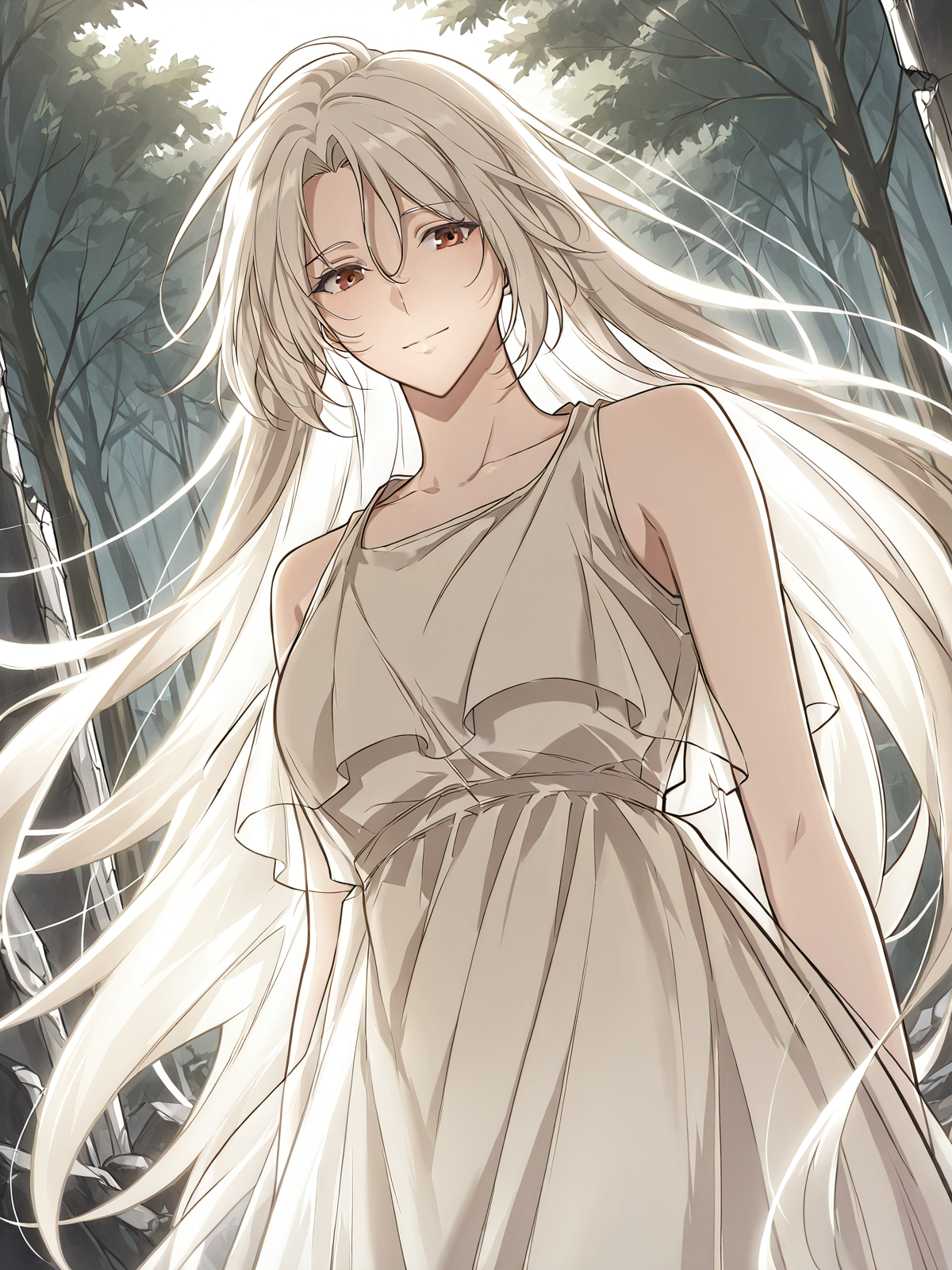 <lora:Omniscient_Readers_Viewpoint__Shin_Yoosung_adult:1>
1girl, solo, very long hair, white hair, straight hair, parted bangs, hair between eyes, red brown eyes,
white dress, flowing dress, layered dress, sleeveless dress, ankle length dress, soft fabric, ethereal look,
score_9, score_8_up, score_7_up, very aesthetic, source_anime, detailed, high quality, beautiful, masterpiece, detailed eyes, forest, tree, ruins, cowboy shot, dynamic angle, upper body, light smile, dynamic pose