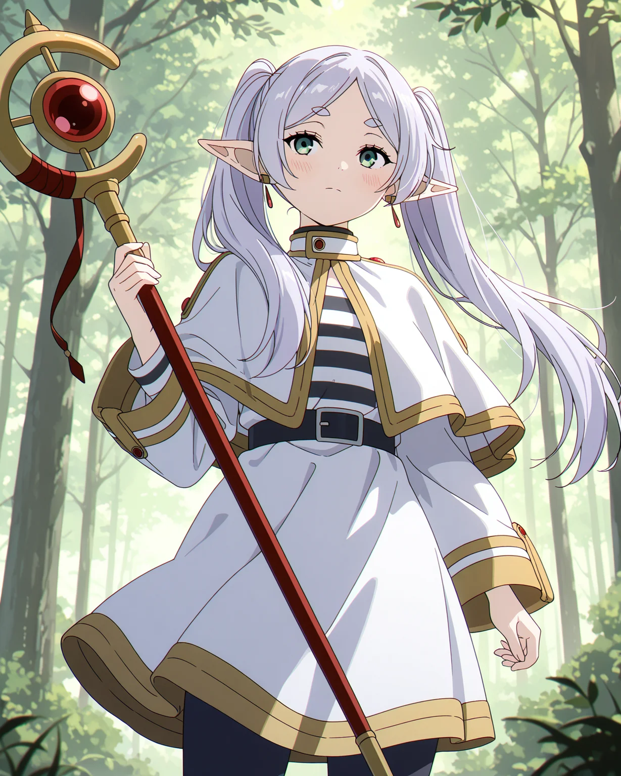 masterpiece, best quality, newest, highres, absurdres, very awa, newest,
frieren, 1girl, belt, belt buckle, black belt, black pantyhose, blush, buckle, capelet, closed mouth, day, earrings, elf, forest, green eyes, grey hair, hand up, holding, holding staff, jewelry, long sleeves, nature, orb, outdoors, pantyhose, pointy ears, shirt, short eyebrows, skirt, solo, staff, striped clothes, striped shirt, thick eyebrows, tree, twintails, white capelet, white skirt, wide sleeves, sousou no frieren <lora:Pony-Frieren:1>