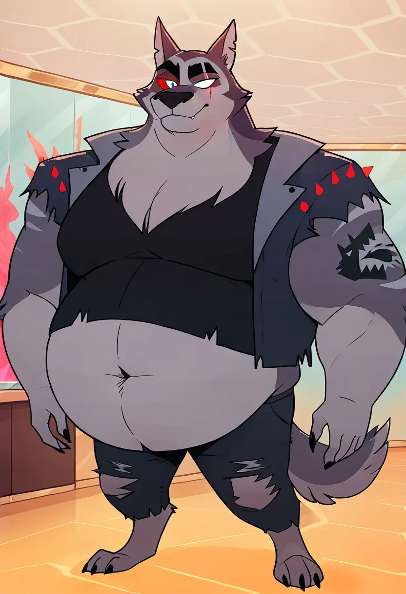 SCORE_9, SCORE_8_UP, SOURCE_ANIME, REALISTIC, BREAK, 1MALE, TEX, FACE FOCUS, PORTRAIT, FURRY, GREY FUR, MORBIDLY OBESE, ((GIGANTIC BELLY)), (SCAR ACROSS EYE), (BLANK GLASS EYE), RIGHT EYE SILVER, RIGHT RED SCLERA, EAR SLITS, TANK TOP, SPIKED LEATHER VEST, RIPPED JEANS, ARM TATTOO, FLEX HIS ARM, BREAK, STRIP CULB, FURRY STRIPERS, HIGH RESOLUTION, VIVD TEXTURES